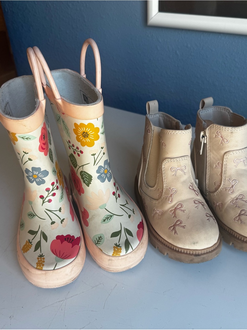 wonder nation Cream Floral Kids Rain Boots with Pink Trim